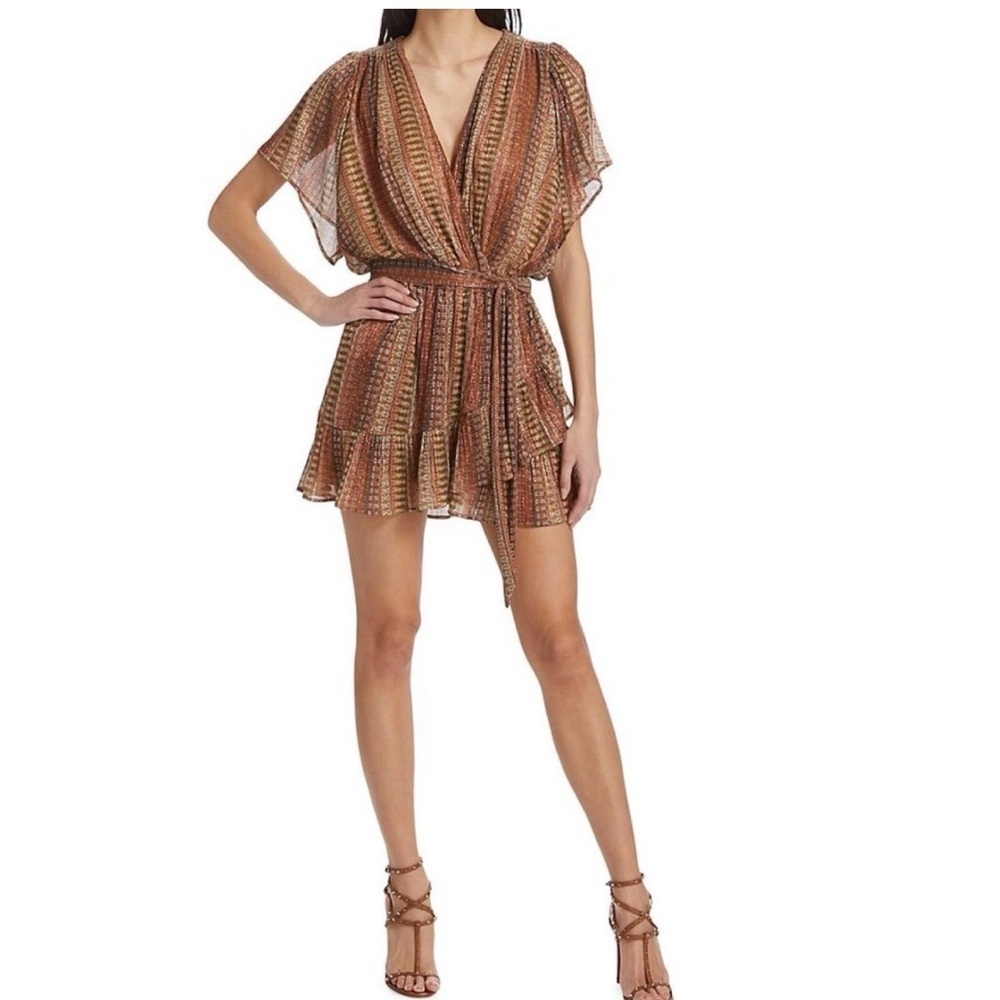 Ramy Brook Chelsea Mini Dress Belted Brown/Green Metallic Ruffle Hem Fairy Core - Picture 2 of 16